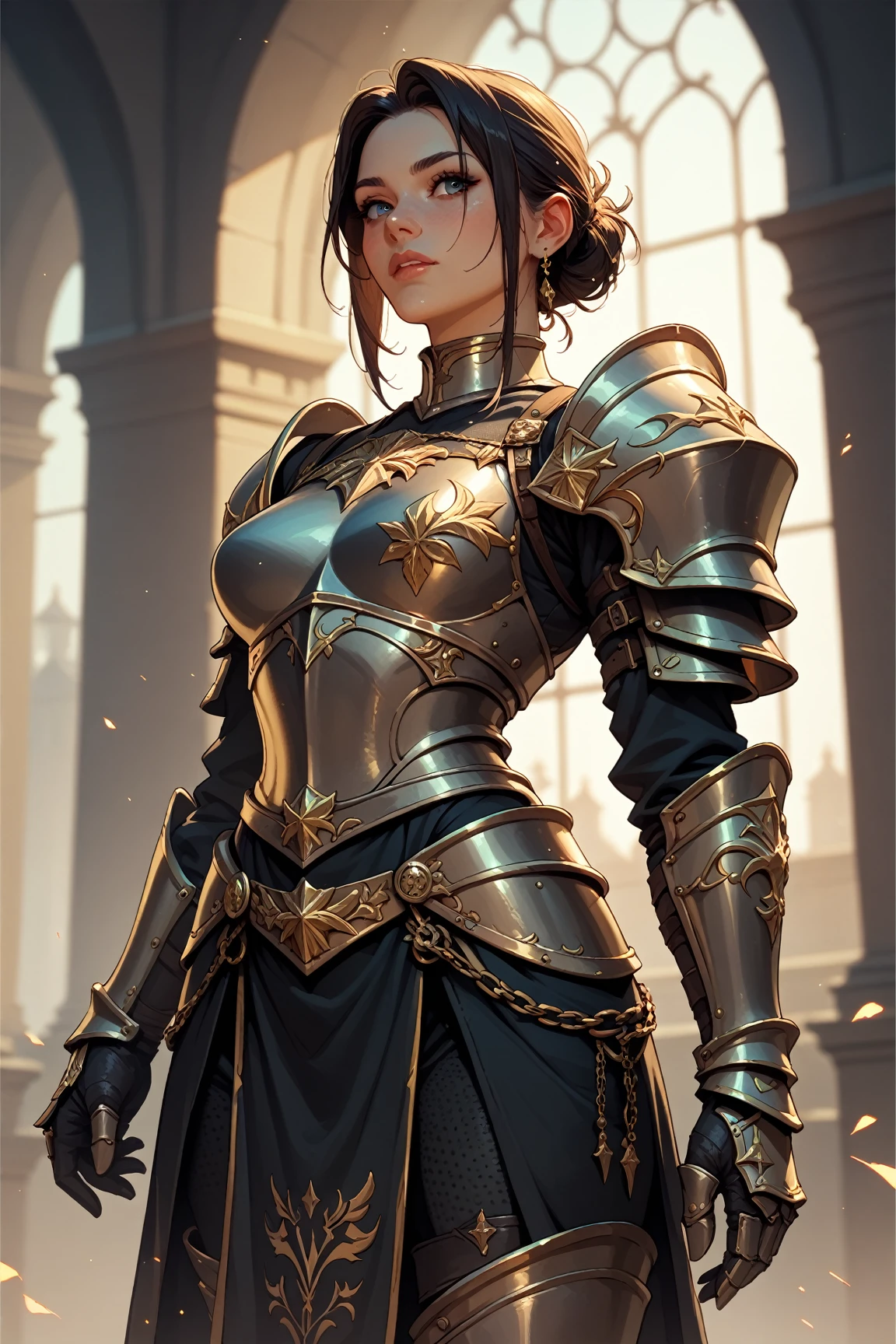 A female knight wearing black armor with gold trim
