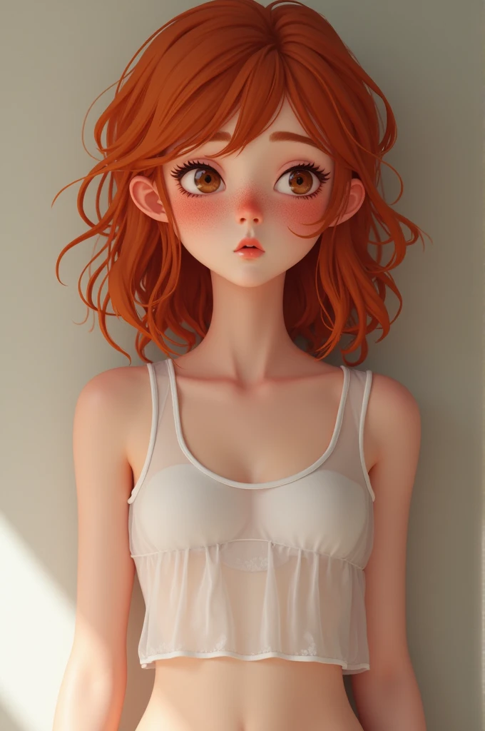 A beautiful Korean girl  with  short red hair . She has   hazelnut eyes . She is wearing a bra and a short . 