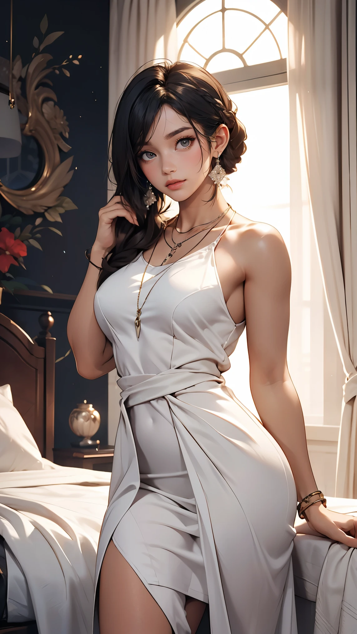 st. Louis (Luxury Wheels) (Azur Lane), One girl, hair ornaments, Earrings, necklace, Portraiture, white Dress, Revealing clothing, View Viewer, alone, full view