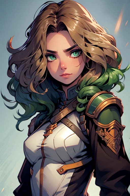 woman in armor Skin: Very dark brown
Hair: Long, wavy, blond
Eyes: Green, somewhat small
Height: A little tall