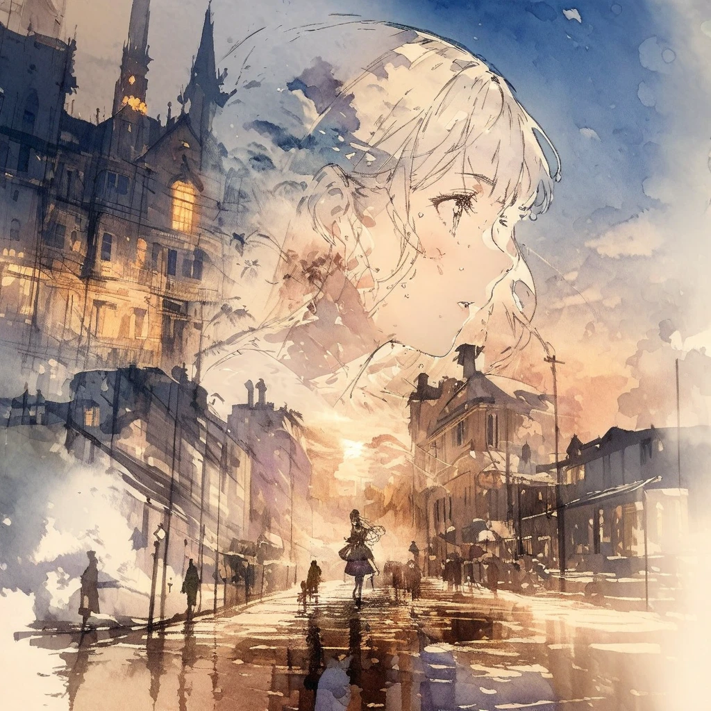 ((sketch:1.5)), ((watercolor:1)), Double Exposure of a Beautiful and Delicate Woman (The face is clear and perfect)image，Background、 Perfect Ultra Detailed Victorian Scenery , beautiful,  complicated illustration,  Artwork Concept Artwork, break,(Stepping on the Path of Man and Crossing the World ),