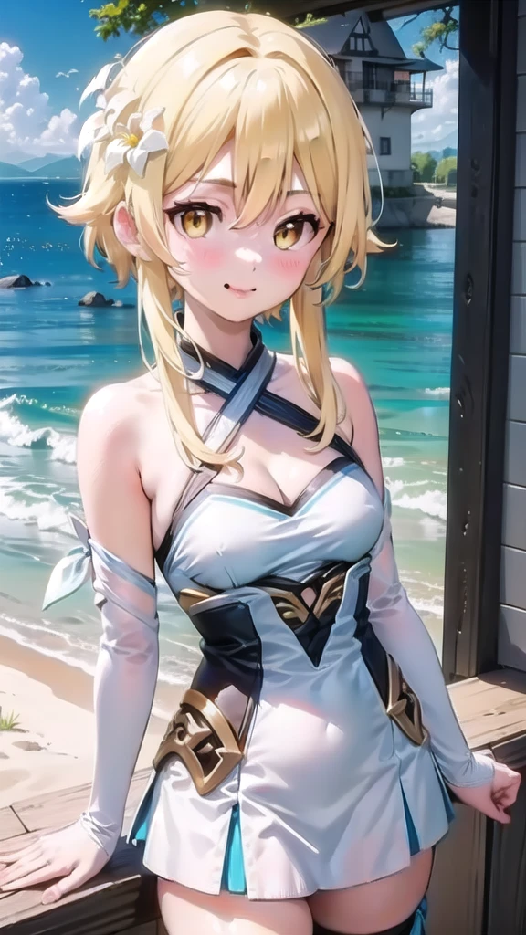 ((masterpiece)),(best quality),official art,extremely detailed CG,unity 8k wallpaper,ultra detailed,A lighthouse on a cliff by the sea,1girl,solo,upper body,(portrait:1.2),looking at viewer,lumine (genshin impact),blonde hair,hair flower,hair ornament,yellow eyes,white dress,detached sleeves,short hair with long locks,white flower,bare shoulders,smile,white thighhighs,bangs,frills,blush,medium breasts,long sleeves,sidelocks,halterneck,cleavage,hair between eyes,zettai ryouiki,white sleeves,see-through,feather hair ornament,