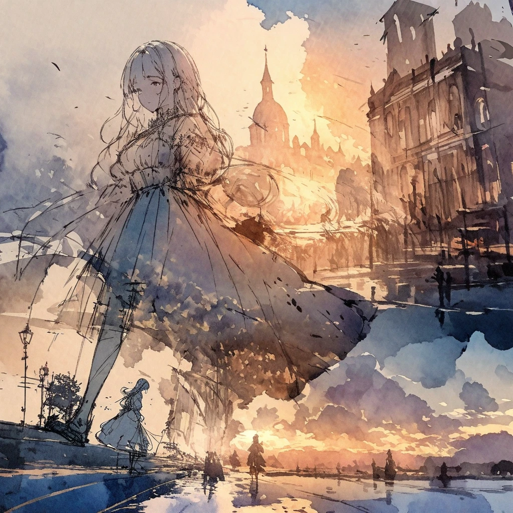 ((sketch:1.5)), ((watercolor:1)), Double Exposure of a Beautiful and Delicate Woman (The face is clear and perfect)image，Background、 Perfect Ultra Detailed Victorian Scenery , beautiful,  complicated illustration,  Artwork Concept Artwork, break,(Stepping on the Path of Man and Crossing the World ),