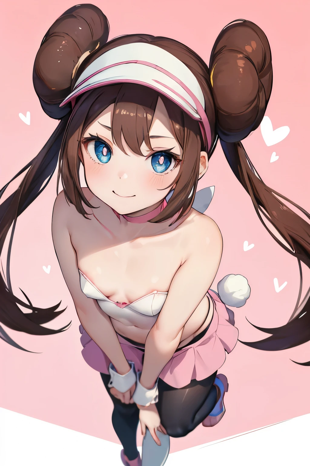 (nsfw),  bunny girl, pink, , Pop Background,  feet , heart,  seen from above , i love you, smile, courtship ,Small breasts, masterpiece, Best Quality,  high resolution on down, ro1, Brown Hair, Perfect means, Hair Bun,  blue eyes,  Twin Tails,  visor cap,  Panty Stocking 