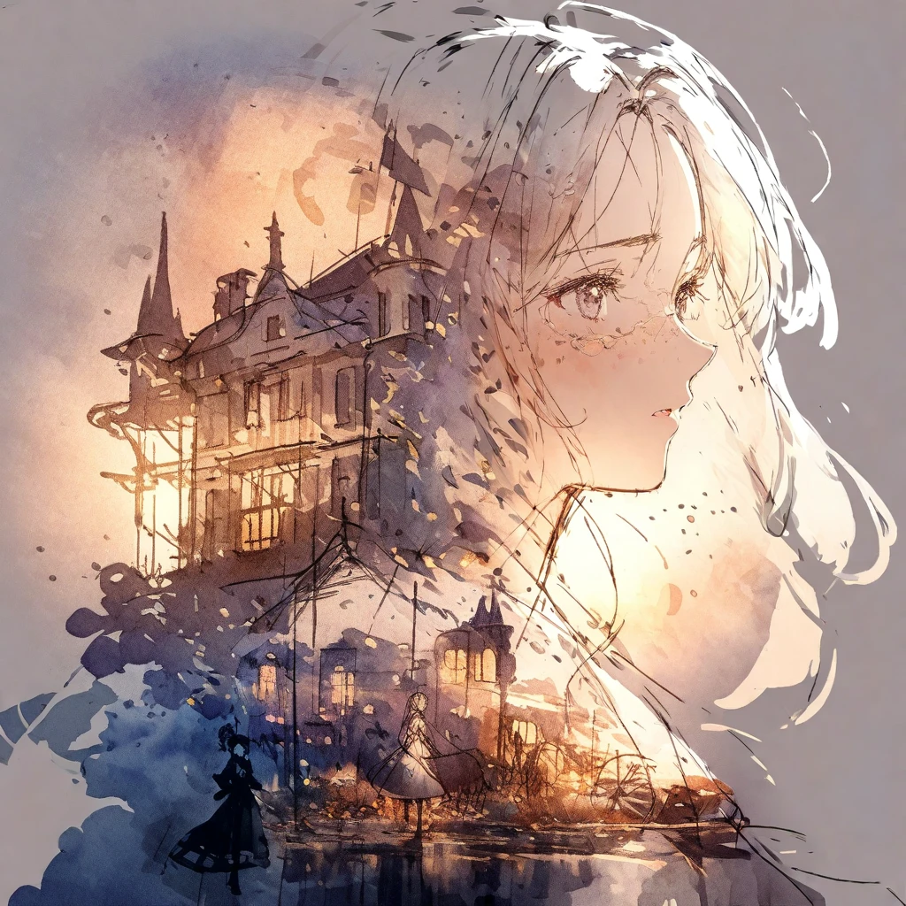 ((sketch:1.5)), ((watercolor:1)), Double Exposure of a Beautiful and Delicate Woman (The face is clear and perfect)image，Background、 Perfect Ultra Detailed Victorian Scenery , beautiful,  complicated illustration,  Artwork Concept Artwork, break,( rather than starting from zero、they always germinate from seed ),