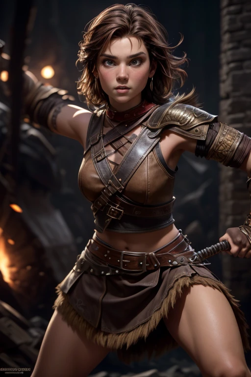  Young Viking woman , warrior, short brown hair, ojos marrones, leather armor,  strappy leather top , fur skirt, fierce expression, Combat stance,  masterpiece , super detail,  lyrics,  cinematic lighting .