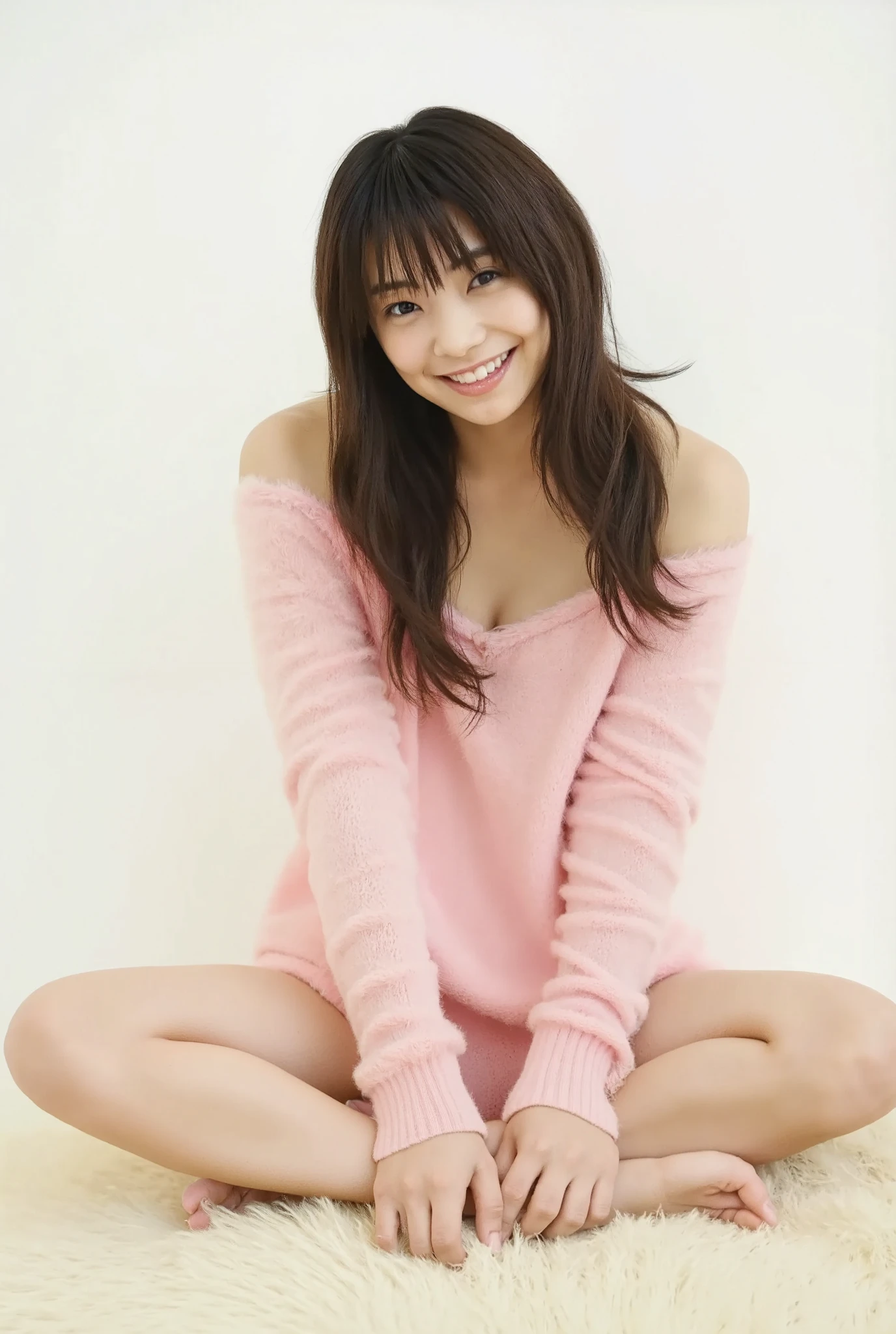 Full body shot from the front、Wear off-the-shoulder mini one-piece pajamas, bend your knees, spread your legs, take a cross-legged pose, and sit while looking at me, Slender bare legs 、smile、The background is a monotone 

