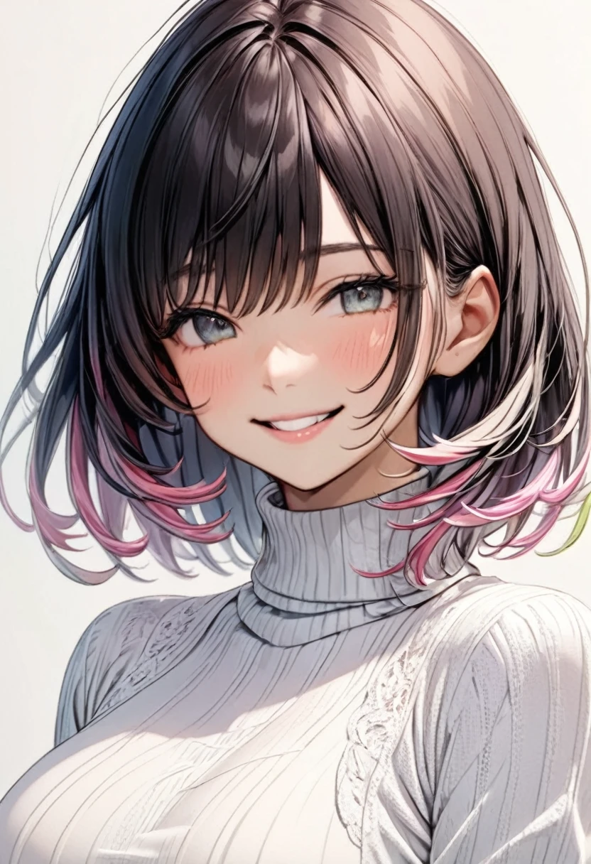  dark-haired woman"Haruna"The gentle smile , , white turtleneck ,  upper body focus ,  Bust Up Shot, simple background in pastel colors,