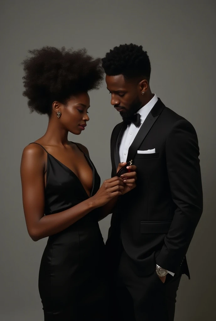 "Tall African American man with a beard with a natural hair African woman at all black gala. His sharp all dark blue suit. Her all-dark blue shortcut dress. Wealth and power in Washington DC "Dancing Lightroom