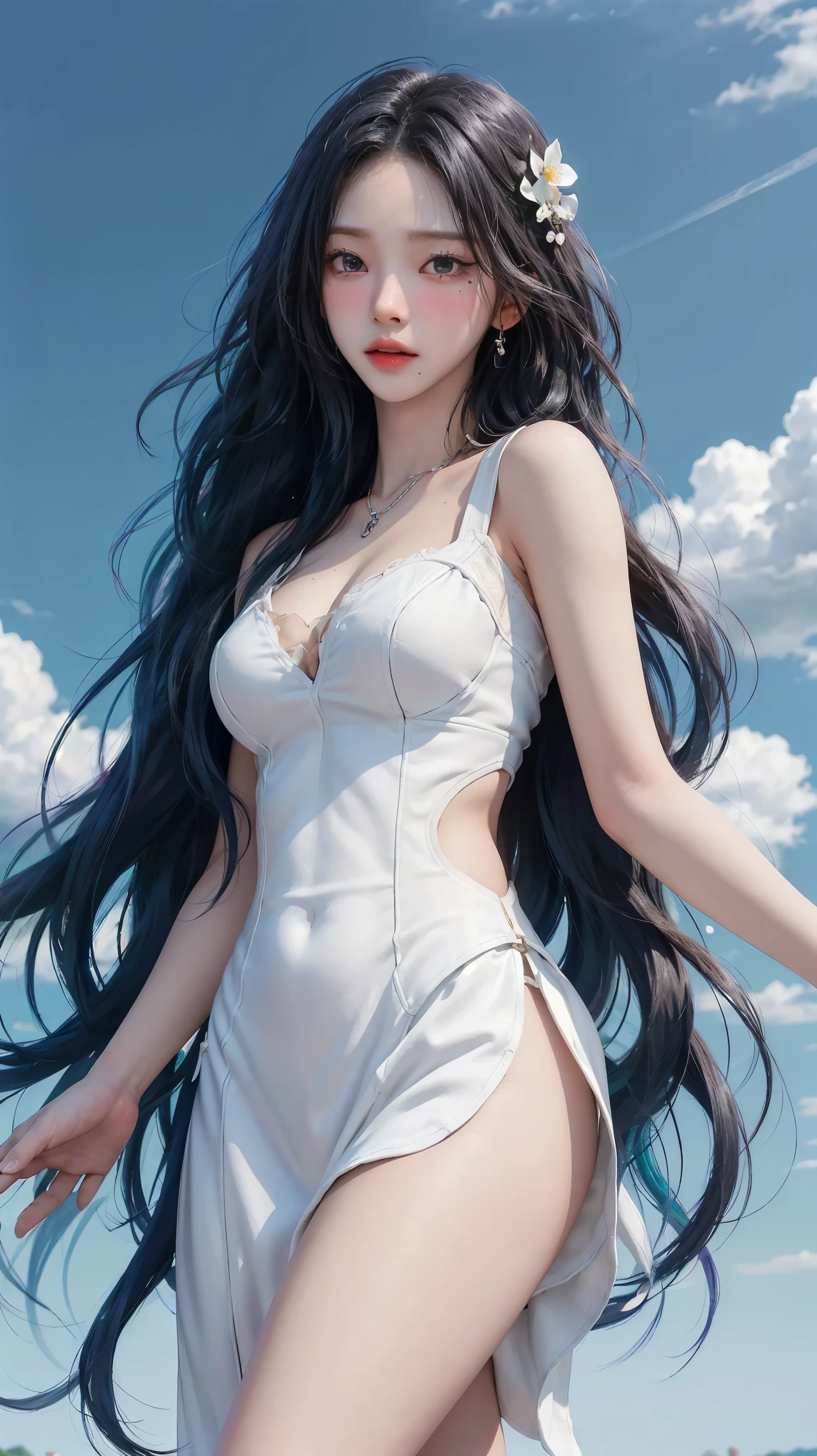 8k, masterpiece, RAW Photos, highest quality, Realistic, Very detailed, Depth of written boundary, Cinematic Light, Anatomically correct body,
One beautiful 40 year old woman, Very beautiful face, Exquisitely detailed face, (A calm and gentle face:1.4), Very delicate skin texture, Transparent muscle, Shiny white skin, Glamorous Body,
(Wavy black long hair:1.2), (Sexy Breasts:1.1),
(White leotard swimsuit:1.2), (Detailed cloth texture:1.2), (Gorgeous necklace:1.1), (Gorgeous earrings:1.1),
(Dark starry background:1.4), (Milky Way:1.1), (milky way:1.1), (shooting star:1.1), (Dark coastline at night:1.4), (Pitch black sea surface:1.4),
(Standing on the beach:1.2),
(Cowboy Shot:1.2),