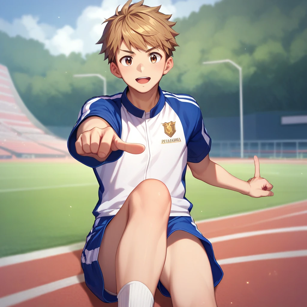 Best Quality,  Japanese middle school boy, cute, ( medium shot :0.5), ( Brown Eyes , Light in the eyes),  Detailed Beautiful Face , ( human skin texture high resolution detail), ( medium hair), break, Sitting on the ground,  track and field uniform , short shorts, Blue shorts, White underwear,  legs are pointing here, White underwearパンチラ, 