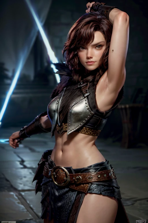  Young Viking woman , warrior, short brown hair, ojos marrones, leather armor,  strappy leather top , fur skirt, fierce expression, Combat stance,  masterpiece , super detail,  lyrics,  cinematic lighting .