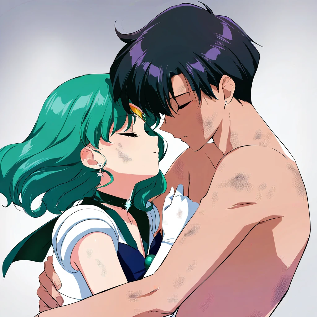 2persons, masterpiece, best quality, very aesthetic, absurdness, anime, 1 girl, sailor neptune, closed eyes, dirty, naked, 90's sailor moon style:1.3, 1 man hugging the girl 