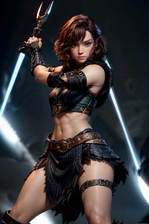  Young Viking woman , warrior, short brown hair, ojos marrones, leather armor,  strappy leather top , fur skirt, fierce expression, Combat stance,  masterpiece , super detail,  lyrics,  cinematic lighting .