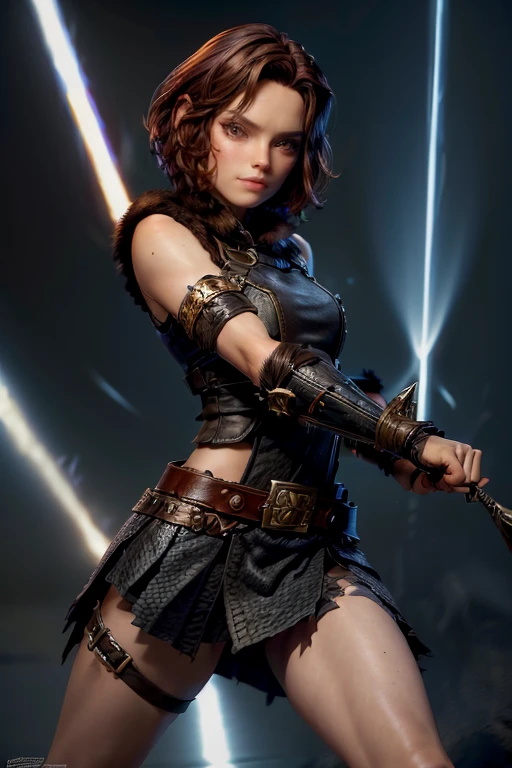  Young Viking woman , warrior, short brown hair, ojos marrones, leather armor,  strappy leather top , fur skirt, fierce expression, Combat stance,  masterpiece , super detail,  lyrics,  cinematic lighting .