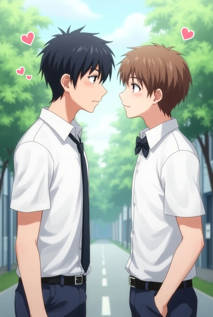 Photo of two men in school uniforms, standing and hugging each other, high school students, black shorts, white school shirts, cute, 180 and 170 tall.