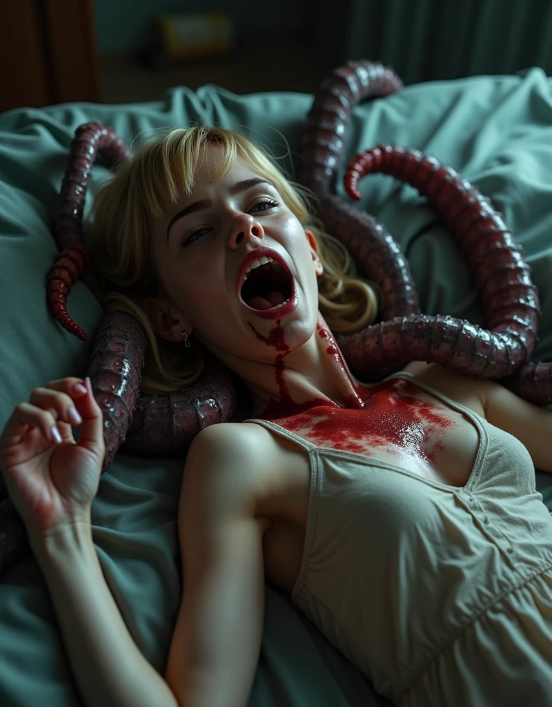 ((((horny))), red lipstick, (((pleased))), (((moaning))), ((((coquettish)))), skinny body, ((((red hair)))), wet hair, large breasts, large ass, narrow waist, ((cum all over)), (((((covered in cum))))), wet hair, tentacles, tentacles sucks breast, ((throat bulge)),tentacle squeeze breast, tentacles licks breasts, tentacle penetration, fucking tentacles, tentacles around throat, ((slimy tentacles)), sodium light, impaled with tentacles, horror, ((((photorealistic)))), hyper detailed, (((8K))), masterpiece, ((((High Quality)))), Eldritch abomination, (mind flayer:1.5) (bride of Cthulhu), church of Cthulhu, (((torture chamber))), ((tentacles on the floor and crawling up her body and mouth)), (white thong), ((gates of Cthulhu open))