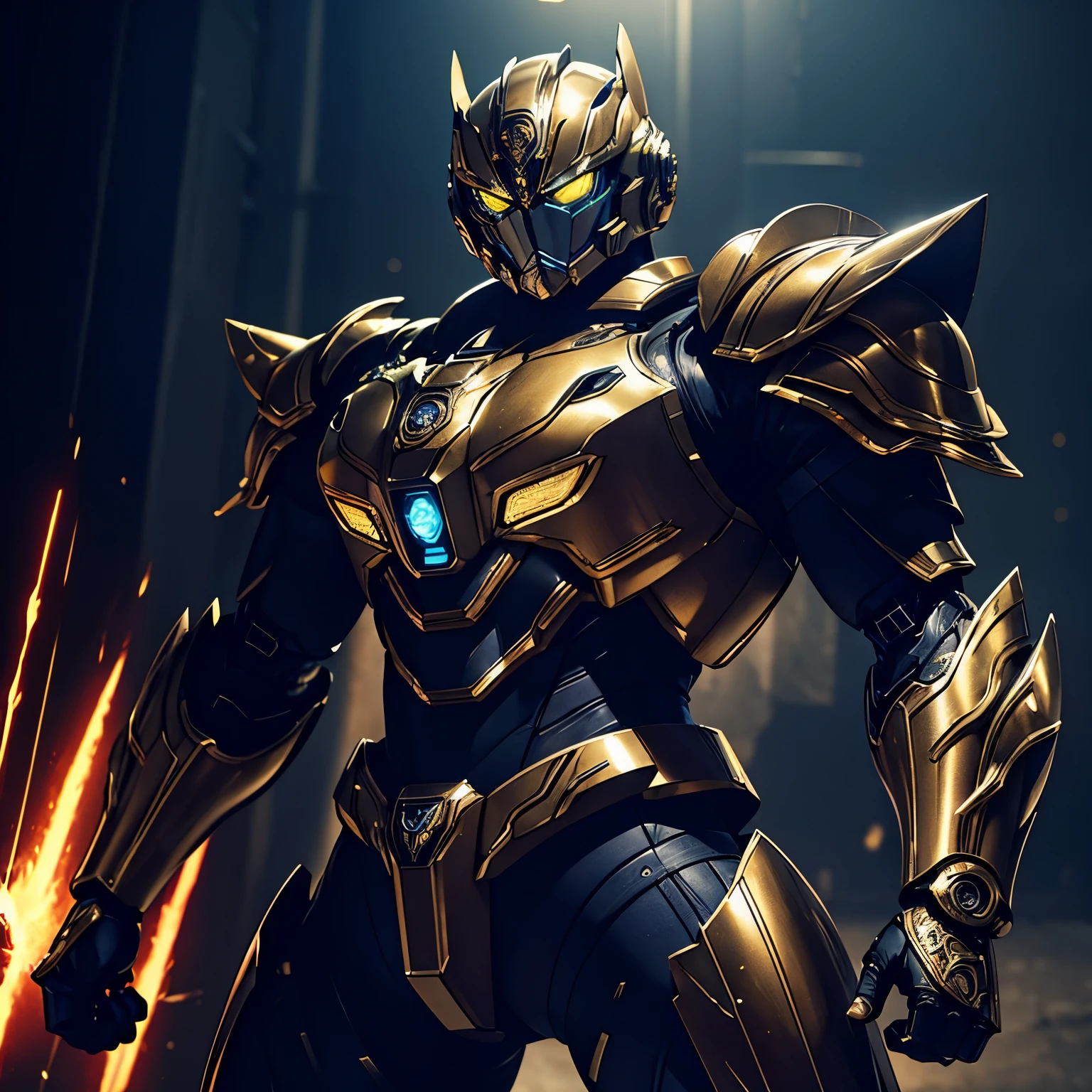 A highly detailed, cinematic tokusatsu-style mecha suit with intricate metallic armor, glowing energy core, and an imposing presence, dynamic action pose, dark industrial background, dramatic lighting, cinematic composition, exquisite detail, photorealistic, 8k, best quality