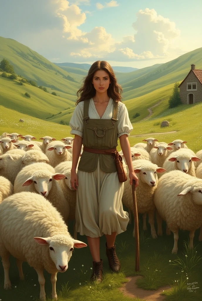 (two shepherd holding a stick, wandering, sheep, sheep, sheep,sheep,sheep,sheep,sheep, many sheep and dogs and birds, blood, dirty clothes, a mature sad female, back of female, ethereal, large breasts, vivid color, bare shoulders, arms down, armpits, thighs, [light smile], expressionless, masterpiece, 8k resolution, fantasy art, ((high jumper's body proportions)), ((obesity: 0.0)), ((((no panties)))), ((no panties))), ((( No pants))),(((No socks)))),(No skirt)))),((No shoes)))),((Dynamic posture)))), (Full body))), , (Greek feet), (Carefully groomed nails),((Delicate and small toes, perfect toes))), (Camel toes),((Correct anatomy)),((Correct dissection))),( Clothing: high slit design, white flowers cut at the waist, perfectly blending with the figure))), (((the world of clouds and mist))), (the clothes are painted with dirty and blood )))),