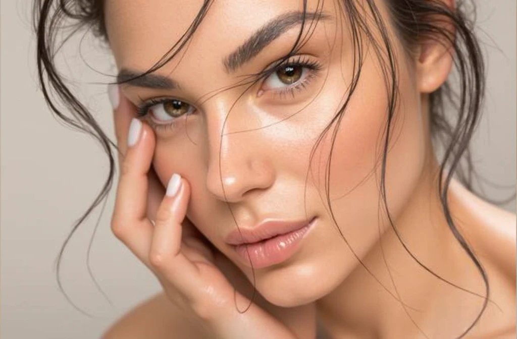 a beautiful young woman applying exfoliating scrub on her face and body, soft skin, glowing complexion, serene expression, natural lighting, high quality, photorealistic, detailed, warm colors, cinematic, portrait