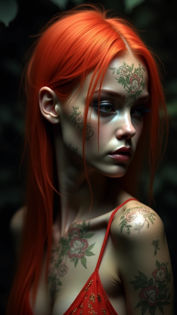 1girl,red hair, Tattoos, looking at viewer, forehead, ear piercing, short hair, makeup, Green eye color, hyperrealistic, beautiful face,hyper-detailed, 8k ultra detailed, 8k detail, perfect body, , ultra detail, hyper-realistic, 3d render, typography, 8k skin detail, 3d render, typography