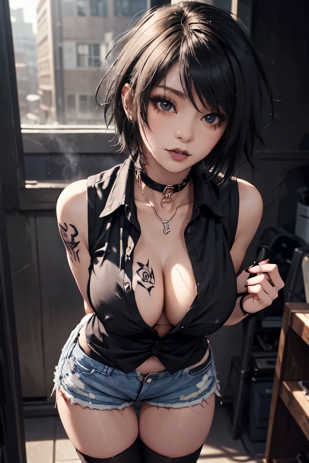 ((Best quality, 8k, Masterpiece :1.3)), Sharp focus :1.2, ulzzang ((beautiful.geisah.Tattooded,rings,earings,necklace)),(tube top, high-waisted pants),upper body,stance looking you.,short hair,bangs. Looking front.supine on the floor,spread legs, Large breast:1.2,Show the texture of the tattoo on your stage.on the floor, full tattoo covered limbs. In front of the camera. Full tattoo. Shot from front_mix4, 20d,semi-realistis:1.37),16K HD,Detailed texture of tattooed skin. tattoo:1.5