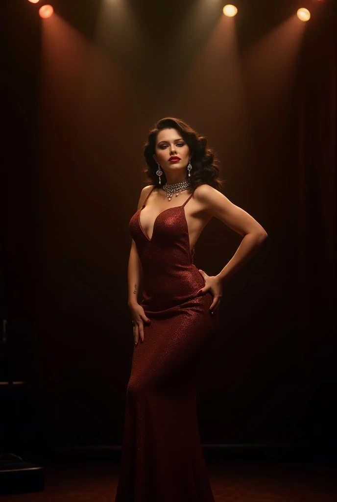 1920s femme fatale, elegantly dressed in a sleek, floor-length gown with a plunging neckline and intricate beading, short wavy bobbed hair with a finger wave, bold dark red lipstick, exuding danger and seduction, cinematic composition, high contrast, soft-focus background, textured fabric detail, carefully staged composition, low-angle-shot