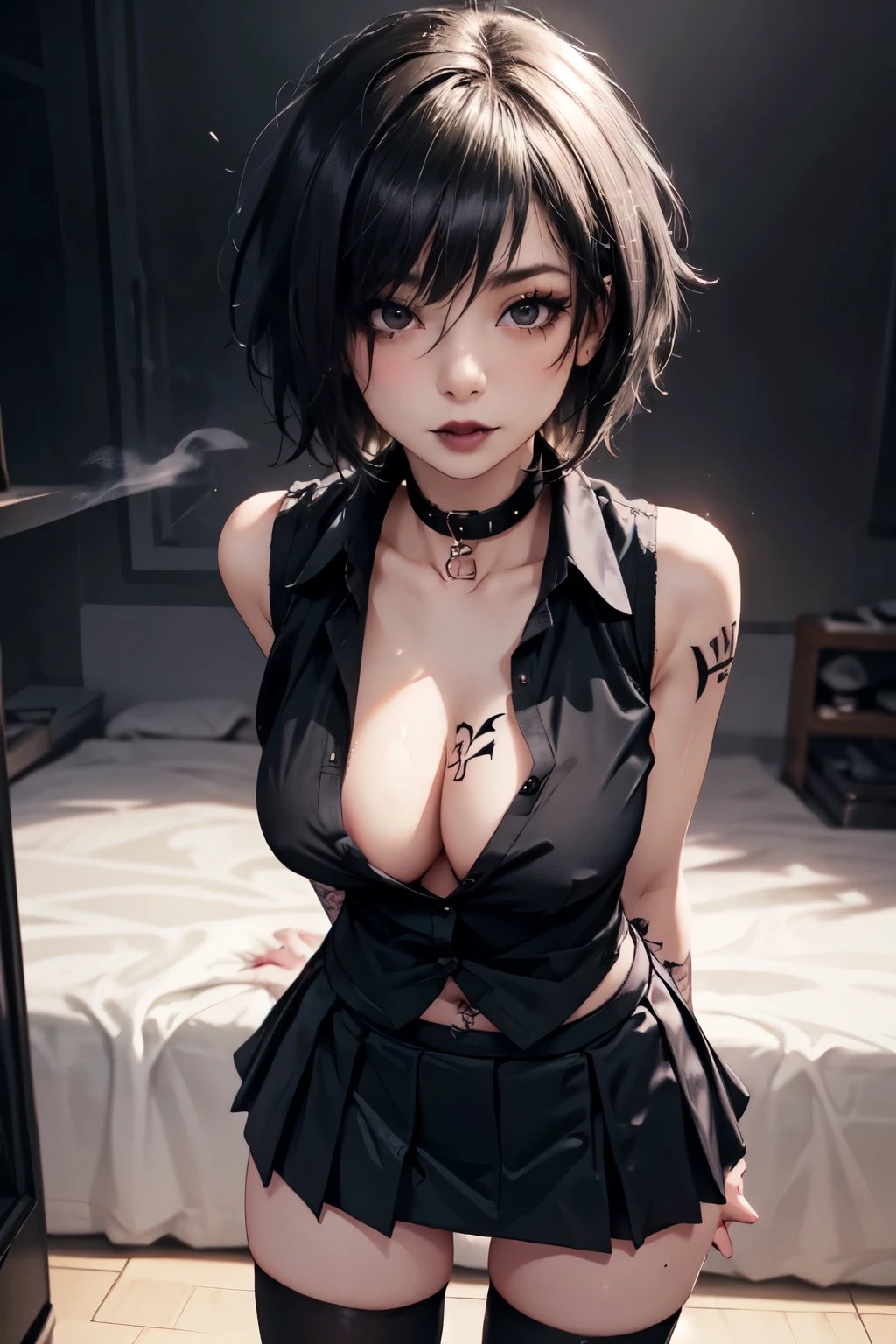 Girl, woman, emo_hairstyle, black lipstick, dog collar, eyeliner, mascara, eye shadow, smoky eyes, realistic lighting, short hair, cleavage, sleeveless open business shirt, standing up, shiny skin, big breast, short skirt, thighhighs, tattoos.