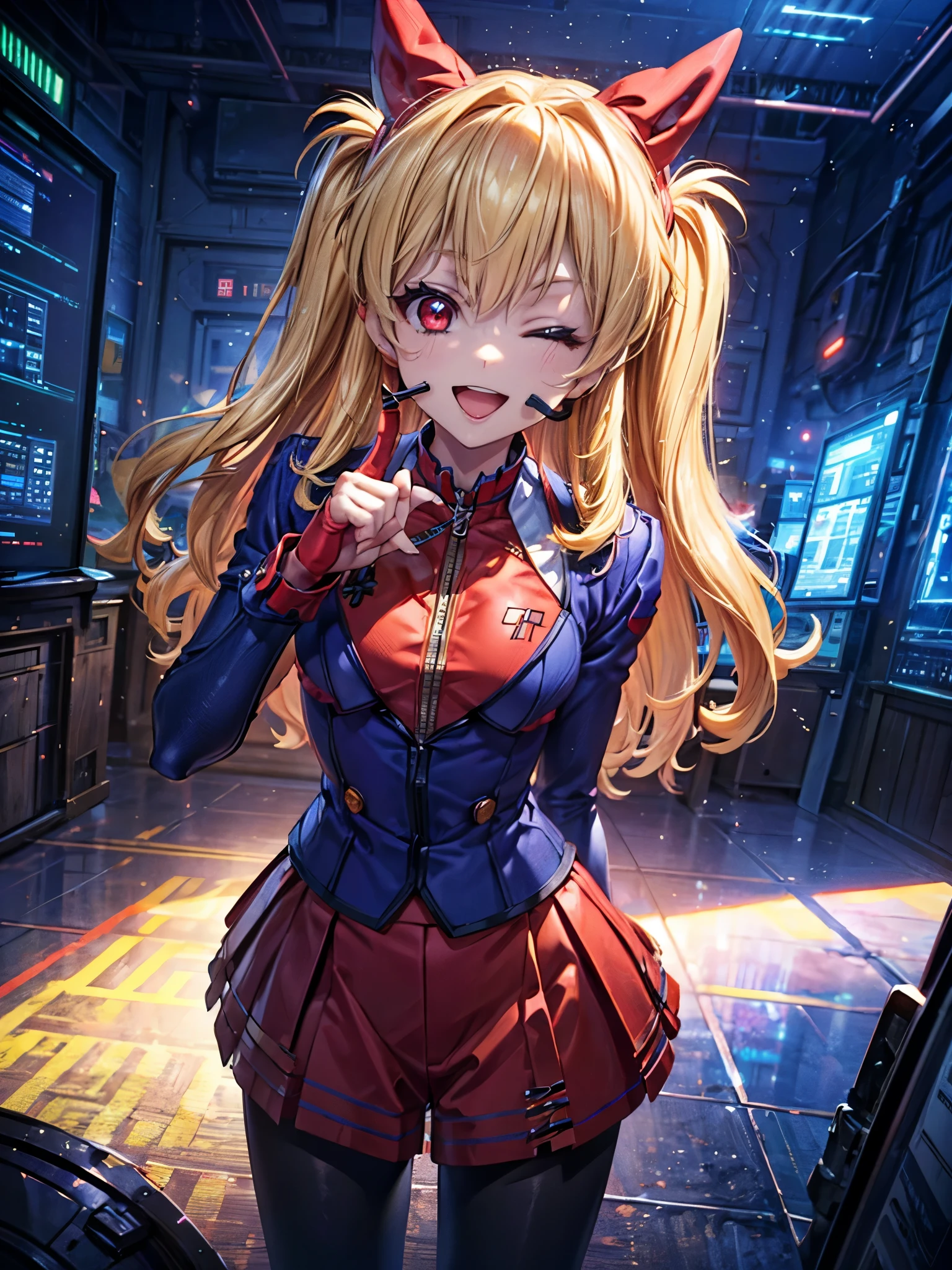((masterpiece,best quality, detailed)), full body, night, cityscape, souryuu asuka langley, interface headset, multicolored bodysuit, eyepatch