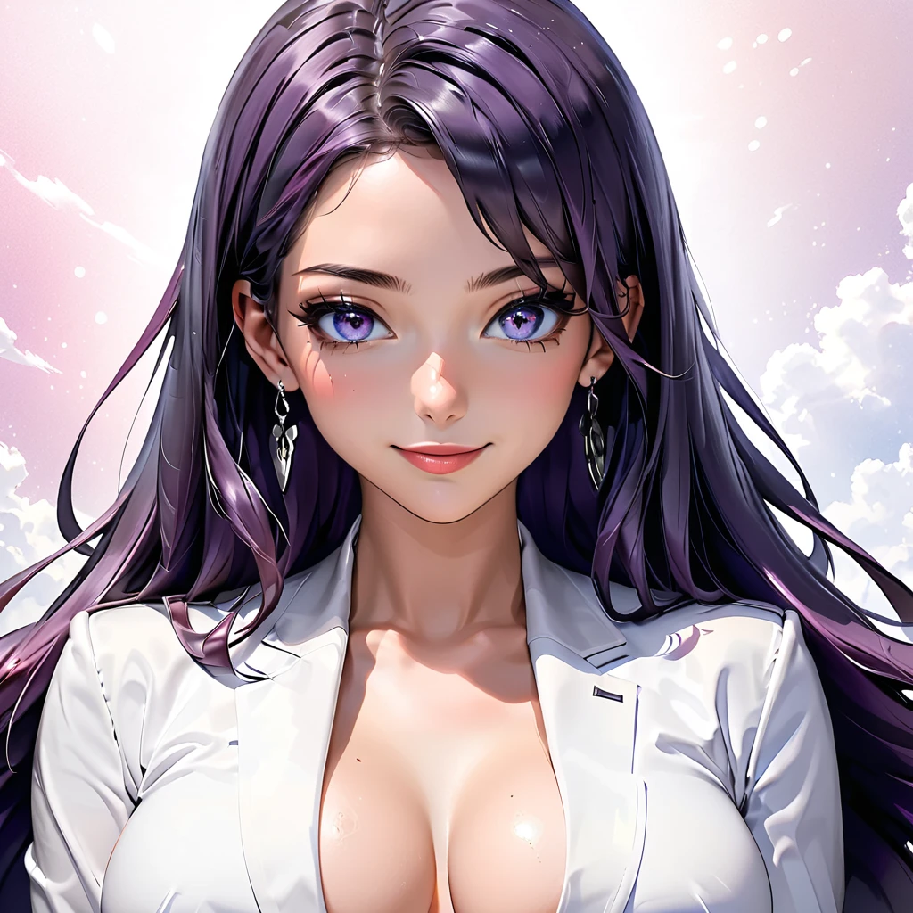 Masterpiece, 4K, HDR, full HD, (best quality), (ultra detailed), (only), intricate ANIME TYPE, best quality, 1girl, ((deep purple hair)) , hyper beautiful face, purple hair, perfect anatomy, shiny skin, full body, alone, long hair, looking at viewer, perfect hands, perfect legs, super detailed clothes, intricate clothes, hyper detailed cloths, super detailed face, super detailed skin, super detailed quality, expressive eyes, blue eyes, super detailed eyes, JK, epngekatsuragimisato ,  SDXL Illustration Design Beautiful Girl 2D Beautiful Girl Digital Painting Comic Ukiyo-e Watercolor Manga Other,ROUGH, smile, blushing, dynamic pose, American shot, cowboy shot, portrait quality, super detailed hands, super detailed fingers, very beautiful fingers, very beautiful hands, The image created is 3/4 of the body, outfit of Shermie character from the SNK King of Fighters video game, shermiemshair over eyes, 