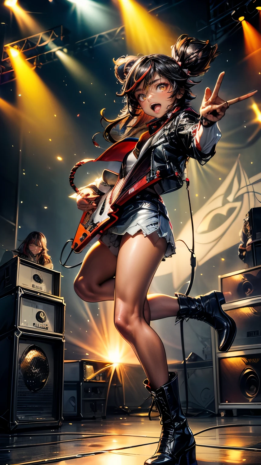 (masterpiece), best quality, expressive eyes, perfect face, face shot, wavy hair, view from below, Xinyan_Genshin Impact, ((holding an electric guitar)), on a stage, ((metal concert)), singing, microphone stand, microphone, energetic face, xinyandef, xinyanrnd, leather jacket, punk boots, metal hand sign,