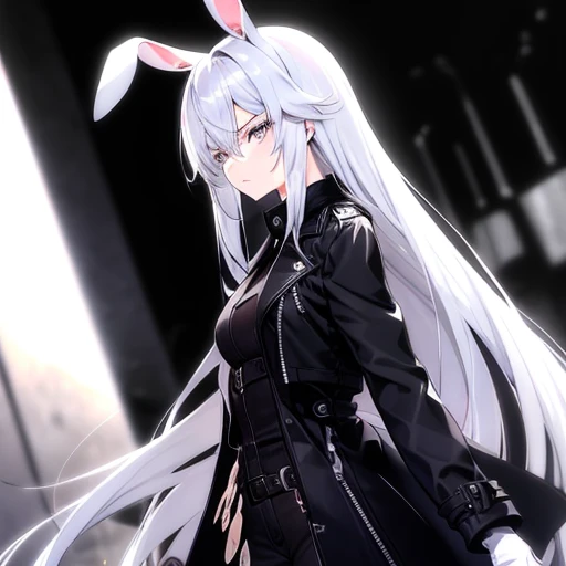 Rabbit girl,  white rabbit ears ,  long white rabbit hair, silver eyes, serious look, black trench coat,  black jacket ,  White gloves , torn black pants , long black boots.( high quality , 4k)