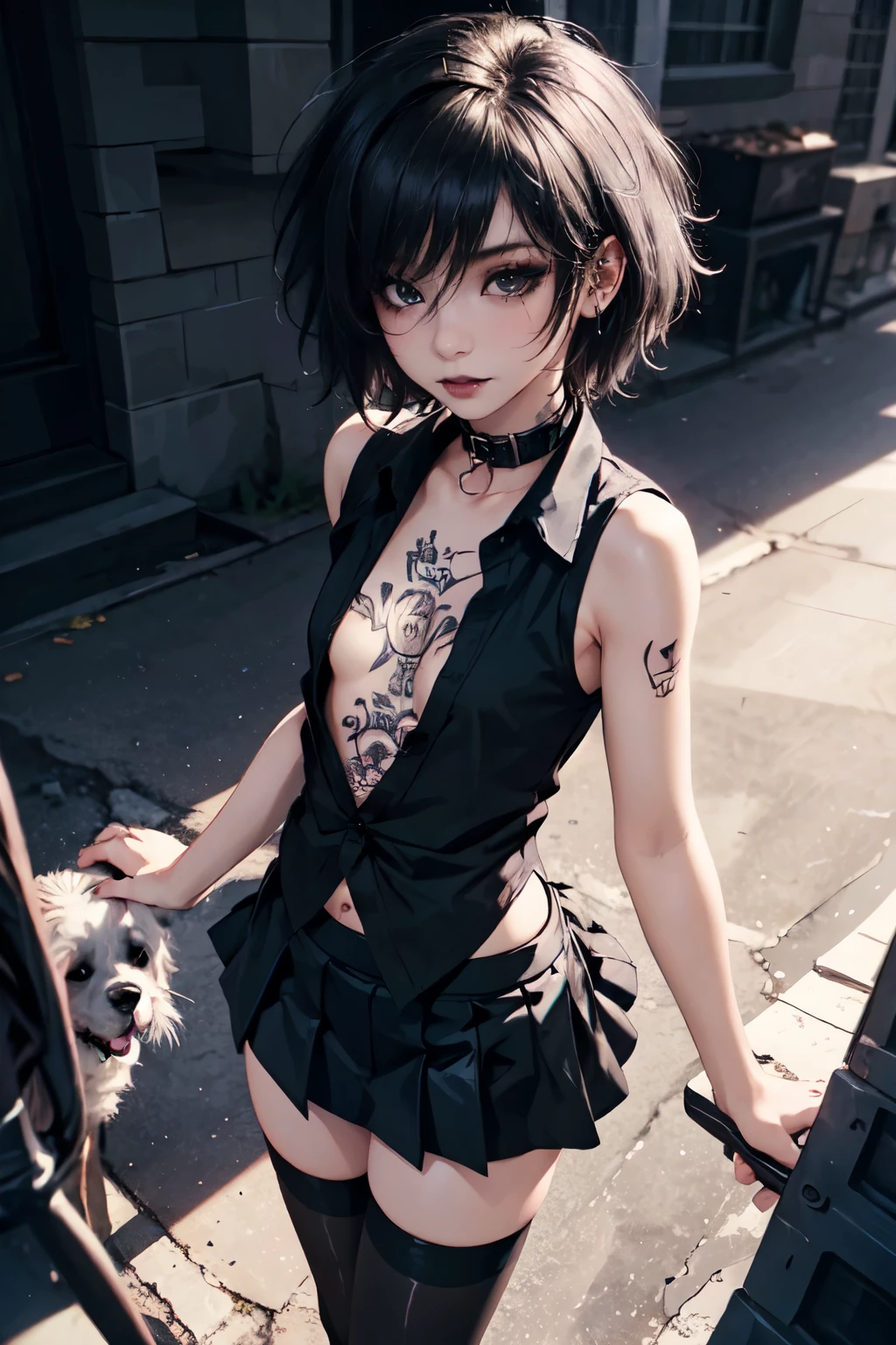 Girl, woman, emo_hairstyle, black lipstick, dog collar, eyeliner, mascara, eye shadow, smoky eyes, realistic lighting, short hair, sleeveless shirt, open shirt, flat chest, small breast, shiny skin, short skirt, thighhighs, tattoos.