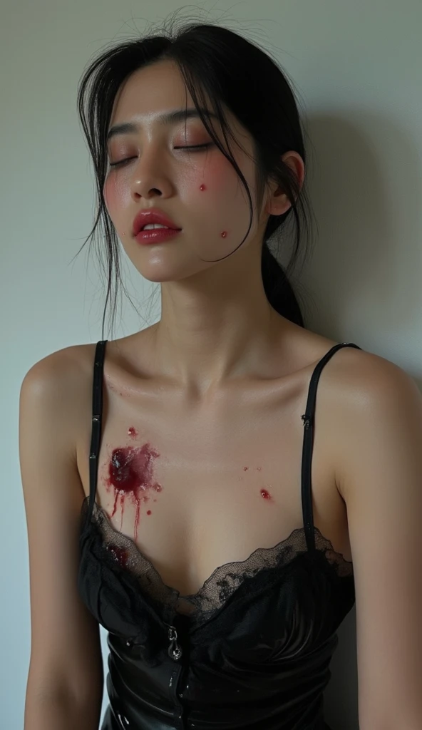 Asian woman in black latex dress, eyes closed, with gunshot wounds on dress where breast milk was missing into small holes, bleeding on bloodied pores on dress, performed painfully 