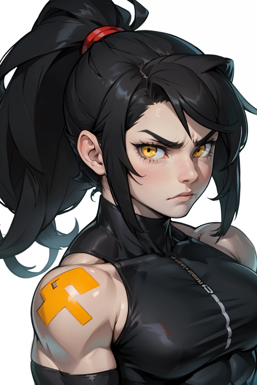 massive breasts muscular girl toned body black hair yellow eyes pale skin expressionless sad