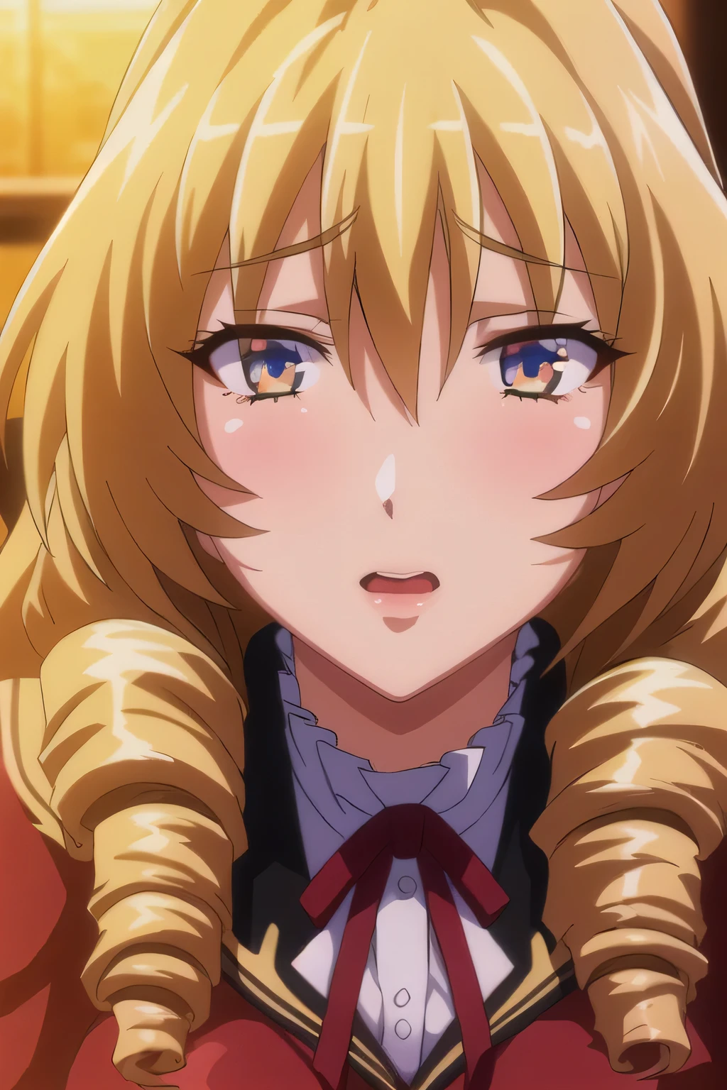 nsfw, nude, Ribbon tie, Red School Uniforms,Red Dress,length_sleeves, black pantyhose, blonde hair,very length hair, drillヘア,twin_drill,green_eye,
1 girl, 20 years old, young woman,beautiful Finger,beautiful length legs,beautiful body,beautiful Nose,beautiful character design, perfect eye, perfect face,expressive eye, standing, Center of image,(Light_笑face:0.5), Official Art,Highly detailed CG Unity 8k wallpaper, perfect Lighting,colorful, bright_Front_face_illumination,shiny skin, (masterpiece:1.0),(Highest_quality:1.0), ultra high resolution,4K,Super detailed, photo shoot, 8k, high resolution on down, high resolution on down, Absurd:1.2, Kodak Portra 400 , film grain, Blurred Background, Bokeh:1.2, lens flare , (Vibrant_color:1.2) (beautiful,big_breast:1.0), (beautiful_face:1.5),(narrow_Waist),cowboy shot, bare breasts,
