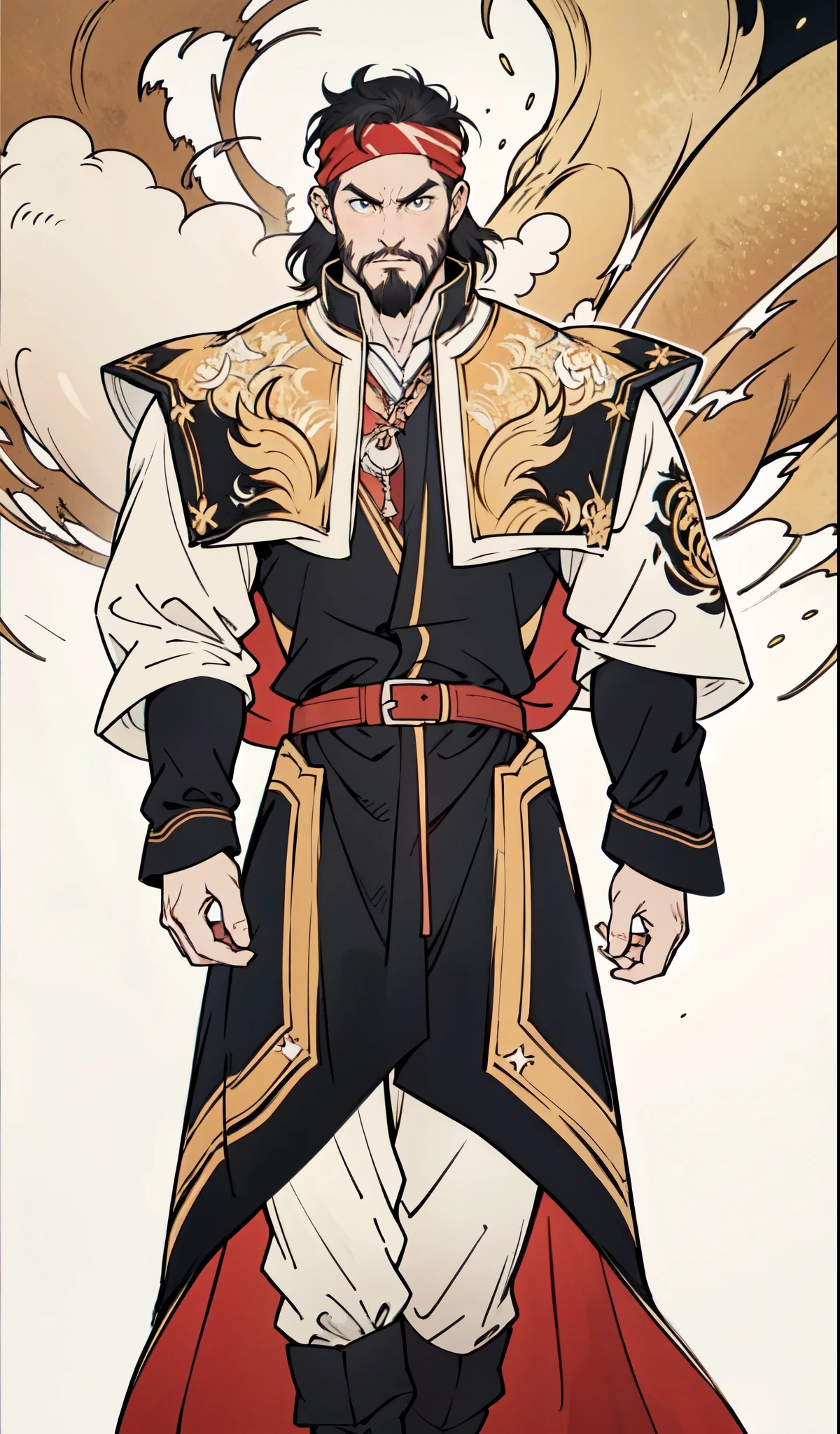 (masterpiece:1.2, best quality:1.2, extremely delicate:1.2), ((male:1.5)), a middle-aged man with medium-length black hair, a yellow headband, thick eyebrows, focused gaze, dignified face, large beard, tall and slender physique, a fantasy-style mage robe, the color scheme is primarily Yellow with White and Black accents, large wide hem, large shoulder armor resembling a cloak, a fire dragon belt, fabric trousers, the background features a thundercloud sky lit up by a red glow from the flames, this character embodies a finely crafted fantasy-style mage in anime style, exquisite and mature manga art style, dramatic, high definition, highres, ultra-detailed, ultra-fine painting, professional, perfect body proportions, golden ratio, anatomically correct, symmetrical face, extremely detailed eyes and face, high quality eyes, creativity, RAW photo, UHD, 32k, Natural light, cinematic lighting, (masterpiece-anatomy-perfect:1.2)