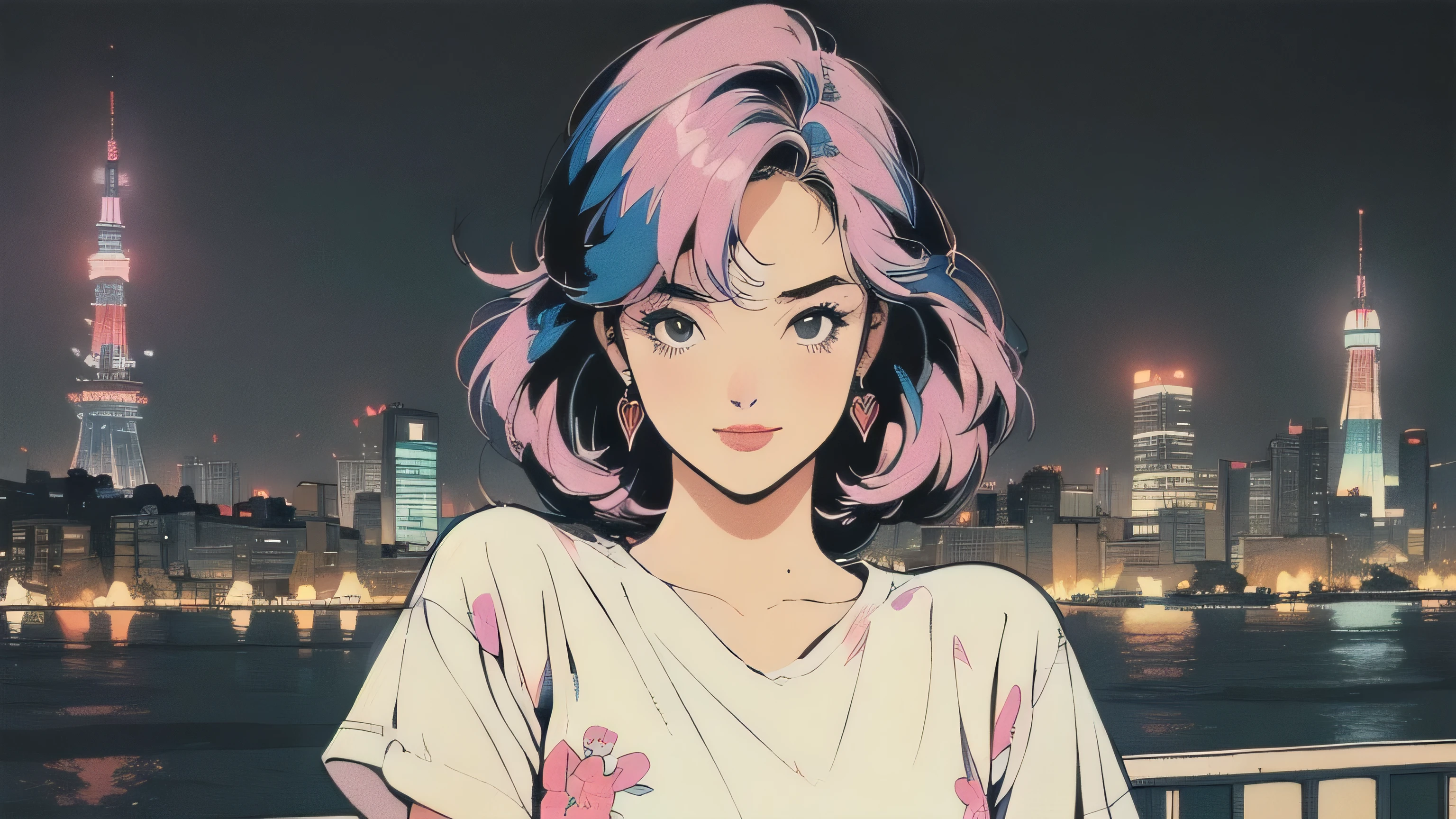 (((Masterpiece, top quality))), most detailed background, (((flat chest))), (((32K wallpaper))), (((retro night city and woman))), (((woman with Tokyo Tower in the distance))), most detailed background, ((flat chest)), (((surrounded by many complex, sophisticated, retro cityscape))) Upper body, (((one:one:one )))), upper body, (one:1.2)), ((colorful throughout))), perfect retro atmosphere city, (((perfect face))), (((most complete retro city))), fine hair, short sleeve white t-shirt, colorful hair color, (((HAPPY BIRTHDAY))),