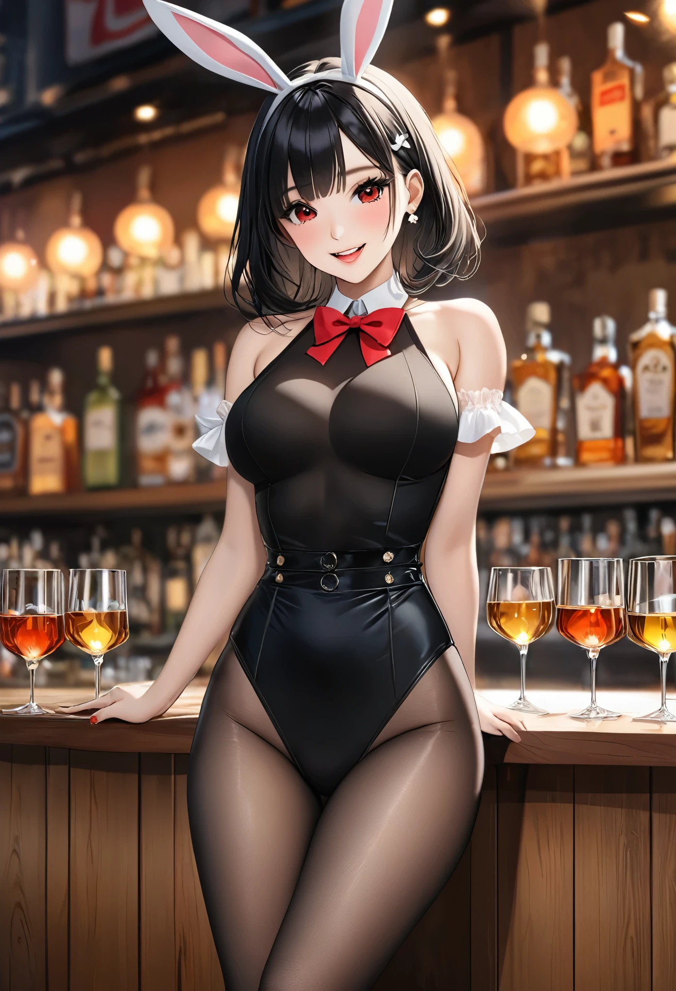 (Extremely detailed CG 8k unit wallpaper), (masterpiece), (best quality), (ultra detailed), (best illustration), (high resolution), (best shadow), (sharp eyeliner), eye shadow, (detailed eyes: 1.2), (mini dress: 1), 1girl, mature body, short hair, (crowded bar background), sexy body, view from behind, drunk, blush, totally wasted, happy smile, mind break, on a table, squatting on a beer bottle, spread legs, squatting, bottle, dancing, crowd clapping