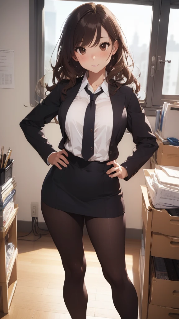masterpiece, Best Quality, 1 girl, elegant skirt, (((three piece suit))), Gray check suit, semi open blouse, medium breasts, Tight skirt, cortostack, cola, bushy cola, make up, tie clip, submissive, pose sensual , in shower, wet clothes, wet skin, wet hair,