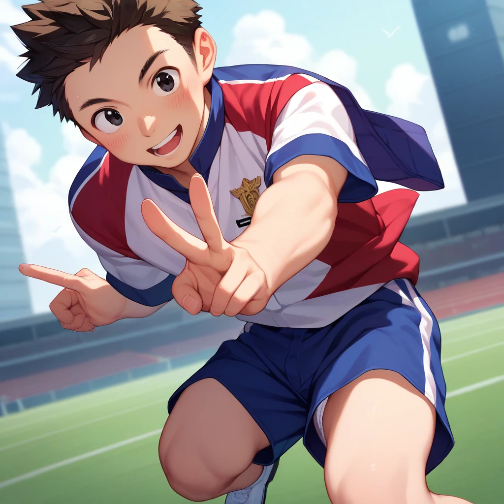 Best Quality,  Japanese middle school boy, cute, ( medium shot :0.5), ( Brown Eyes , Light in the eyes),  Detailed Beautiful Face , ( human skin texture high resolution detail), ( medium hair), break, Sitting on the ground,  track and field uniform , short shorts, Blue shorts, White underwear,  legs are pointing here, White underwearパンチラ, 