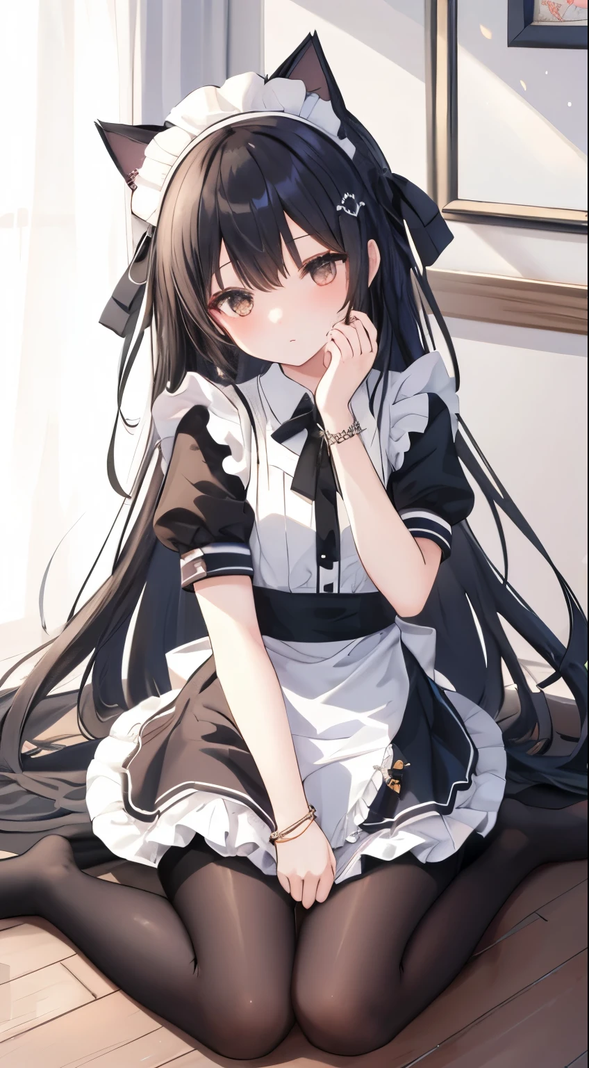 1girl, solo, long hair, black hair, dress, ribbon, holding, animal ears, jewelry, sitting, full body, short sleeves, pantyhose, indoors, cat ears, apron, bracelet, feet, book, black pantyhose, maid, maid headdress, toes, wariza, no shoes, soles, maid apron, holding book, on floor, covering face