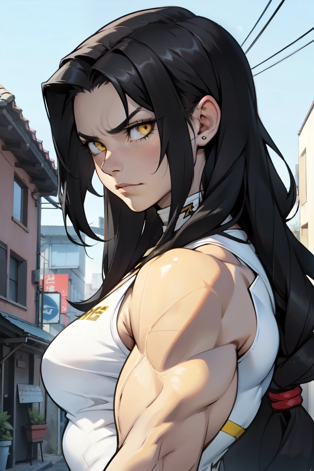 a sad muscular girl with long silky black hair and yellow eyes