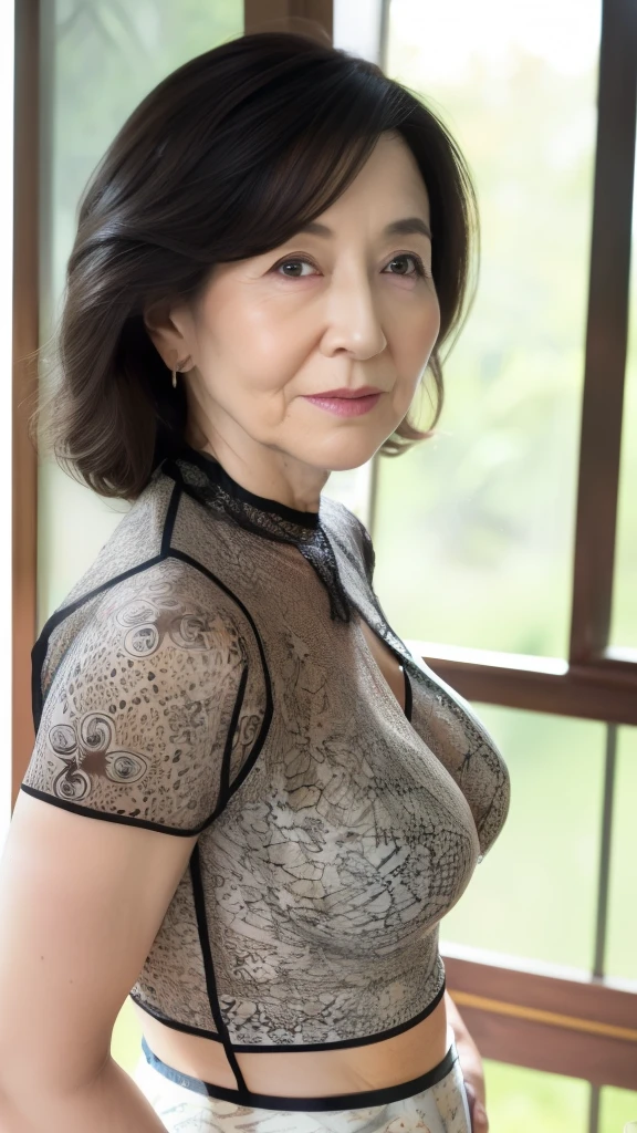  High image quality,  High image quality,     Attention to details  , masterpiece,(Aging body ),   is anatomically accurate  , sharp, (( Japanese, Mature Woman)),(80 years old:1.6),((Facial wrinkles)), saggy breasts,    white skin,   dark brown hair,(Long Hair), bangs,(((Stand upright, ))), Look ahead,( patterned sheer blouse:1.4),(  tight skirt:1.2),(Head to Knee  :1.1),In the bedroom,(Serious face:1.2),(elder:1.5),( cleavage),Ordinary housewife