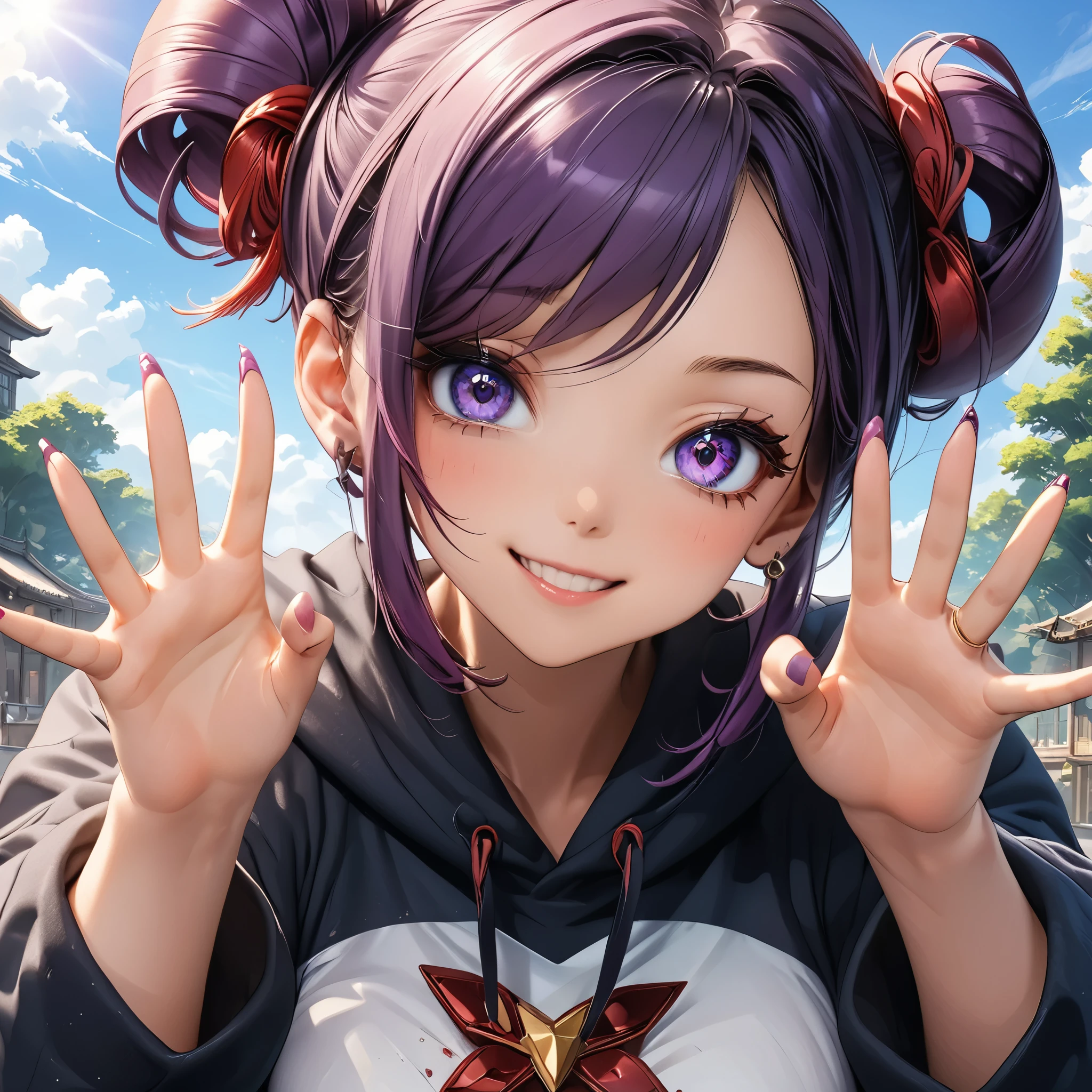 Masterpiece, 4K, HDR, full HD, (best quality), (ultra detailed), (only), intricate ANIME TYPE, best quality, 1girl, ((deep purple hair)) , hyper beautiful face, purple hair, perfect anatomy, shiny skin, full body, alone, long hair, looking at viewer, perfect hands, perfect legs, super detailed clothes, intricate clothes, hyper detailed cloths, super detailed face, super detailed skin, super detailed quality, expressive eyes, blue eyes, super detailed eyes, JK, epngekatsuragimisato ,  SDXL Illustration Design Beautiful Girl 2D Beautiful Girl Digital Painting Comic Ukiyo-e Watercolor Manga Other,ROUGH, smile, blushing, dynamic pose, American shot, cowboy shot, portrait quality, super detailed hands, super detailed fingers, very beautiful fingers, very beautiful hands, The image created is 3/4 of the body, HoodieGirl, best quality, masterpiece, 1girl, purple hair, pale skin, hair bun