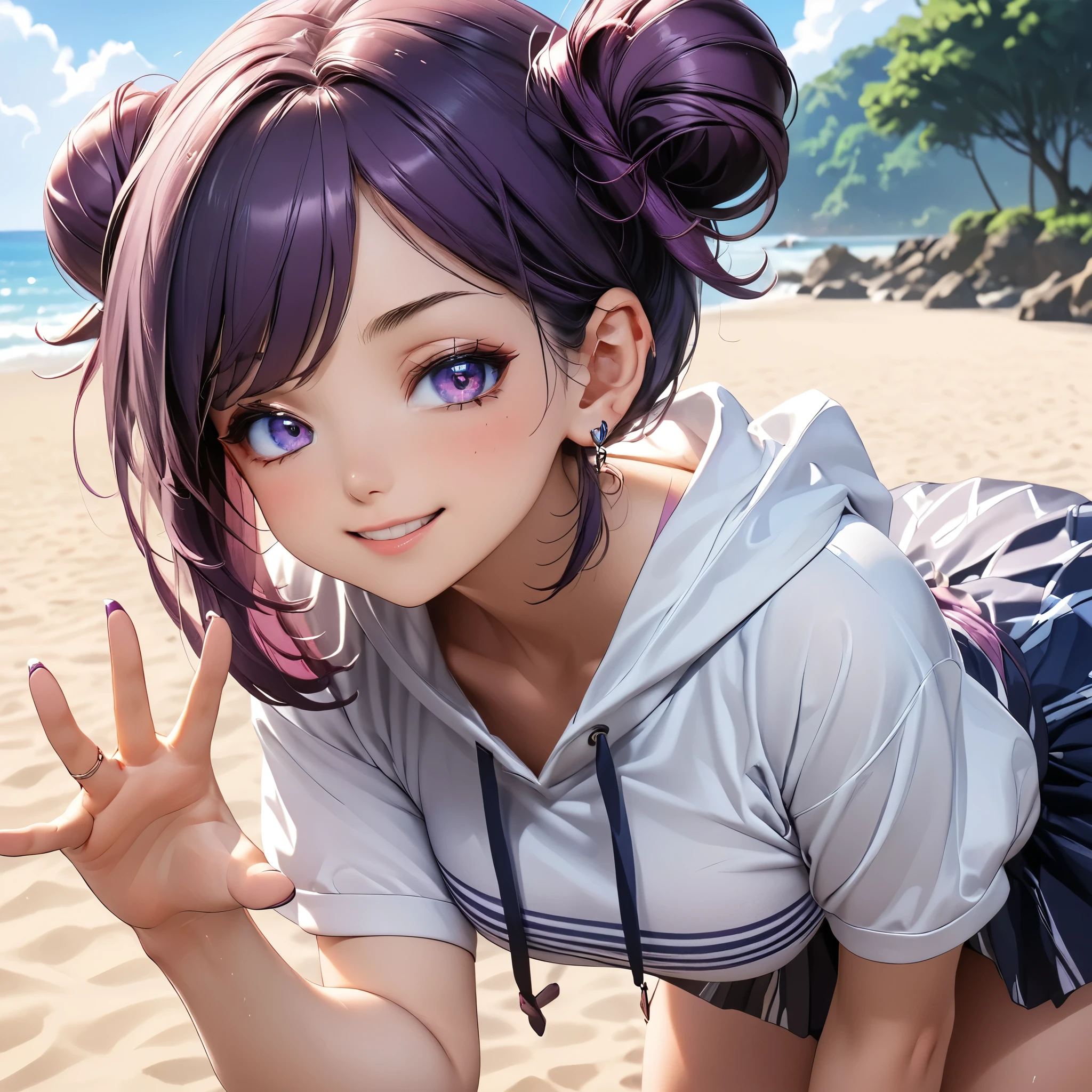 Masterpiece, 4K, HDR, full HD, (best quality), (ultra detailed), (only), intricate ANIME TYPE, best quality, 1girl, ((deep purple hair)) , hyper beautiful face, purple hair, perfect anatomy, shiny skin, full body, alone, long hair, looking at viewer, perfect hands, perfect legs, super detailed clothes, intricate clothes, hyper detailed cloths, super detailed face, super detailed skin, super detailed quality, expressive eyes, blue eyes, super detailed eyes, JK, epngekatsuragimisato ,  SDXL Illustration Design Beautiful Girl 2D Beautiful Girl Digital Painting Comic Ukiyo-e Watercolor Manga Other,ROUGH, smile, blushing, dynamic pose, American shot, cowboy shot, portrait quality, super detailed hands, super detailed fingers, very beautiful fingers, very beautiful hands, The image created is 3/4 of the body, HoodieGirl, best quality, masterpiece, 1girl, purple hair, pale skin, hair bun