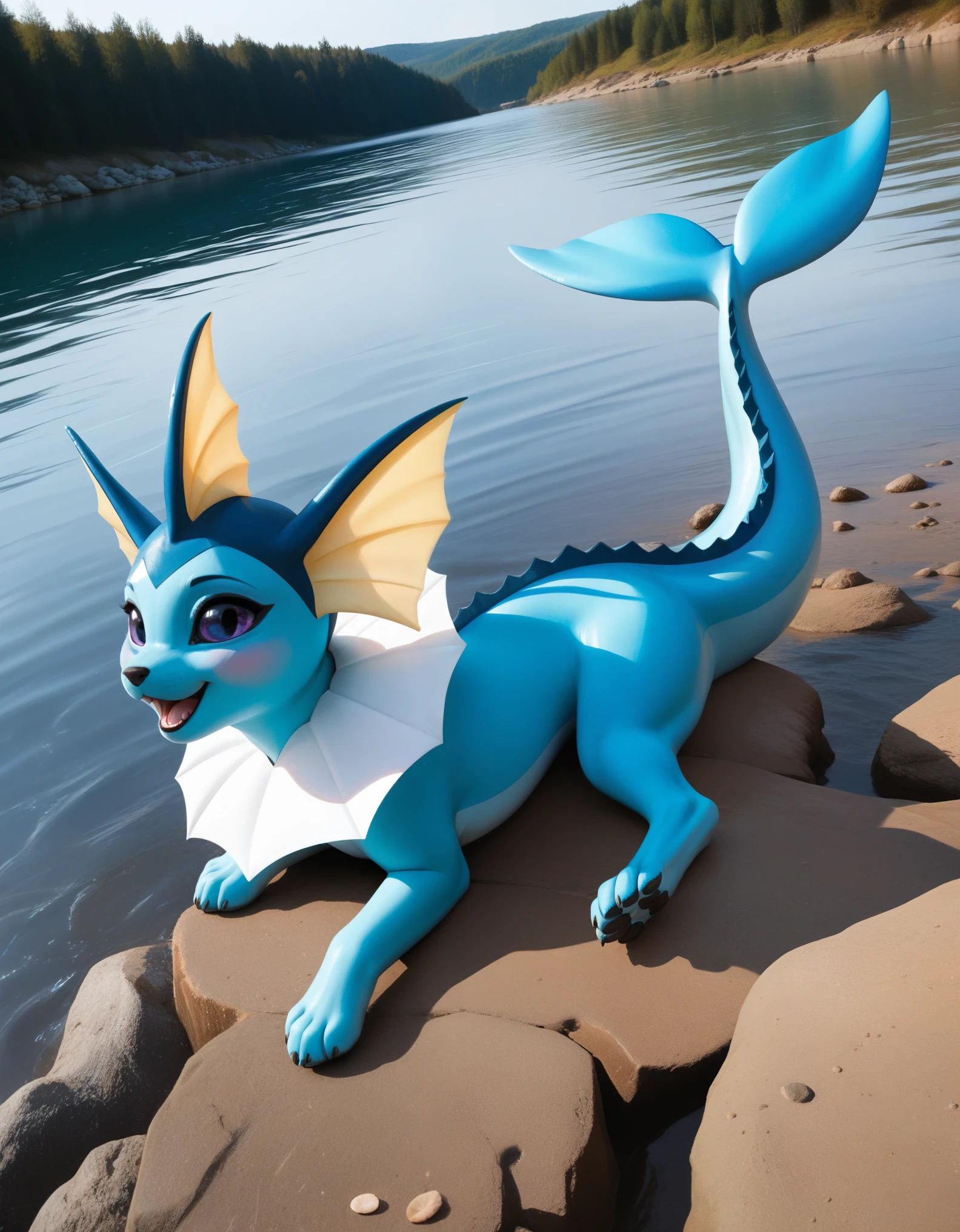 score_9, score_8_up, score_7_up, source_furry, rating_safe, realistic, photoreal, feral, a feral female vaporeon laying on her back in a shallow river, female, vaporeon, anatomically correct, blushing,