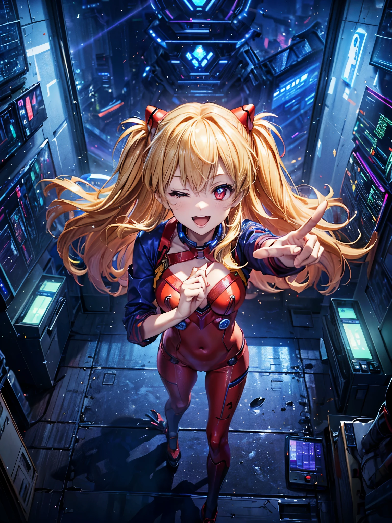 (Overhead view),dynamic angle,ultra-detailed, illustration, close-up, straight on, 1girl, 
 ((souryuu asuka langley, interface headset, red bodysuit:1.4, blonde)),Her eyes shone like dreamy stars,(glowing eyes:1.233),(beautiful and detailed eyes:1.1),(expressionless),(standing), Spell of the Last（prompt）
(masterpiece, best quality, ultra high res, perfect anatomy, extremely detailed),
BREAK,
1girl,
,
red eyes,
twintails,
Blonde hair,
very large ribbon in hair,
idol costume,
BREAK,
(finger pointing),
(full face),
one eye closed,
(open mouth),
glow eyes,
smile,
stage light,
(mechanic room with toolsand spaceship windowin a white SPACESHIP),wariza,
(night:1.2),dreamy, [[delicate fingers and hands:0.55]::0.85],(detail fingers),