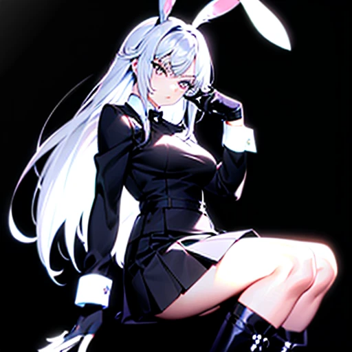 girl,  white rabbit ears ,  long white rabbit hair, silver eyes, serious look, long sleeve white shirt ,  black gloves,  short black skirt , black boots, medias negras.( high quality , 4k)