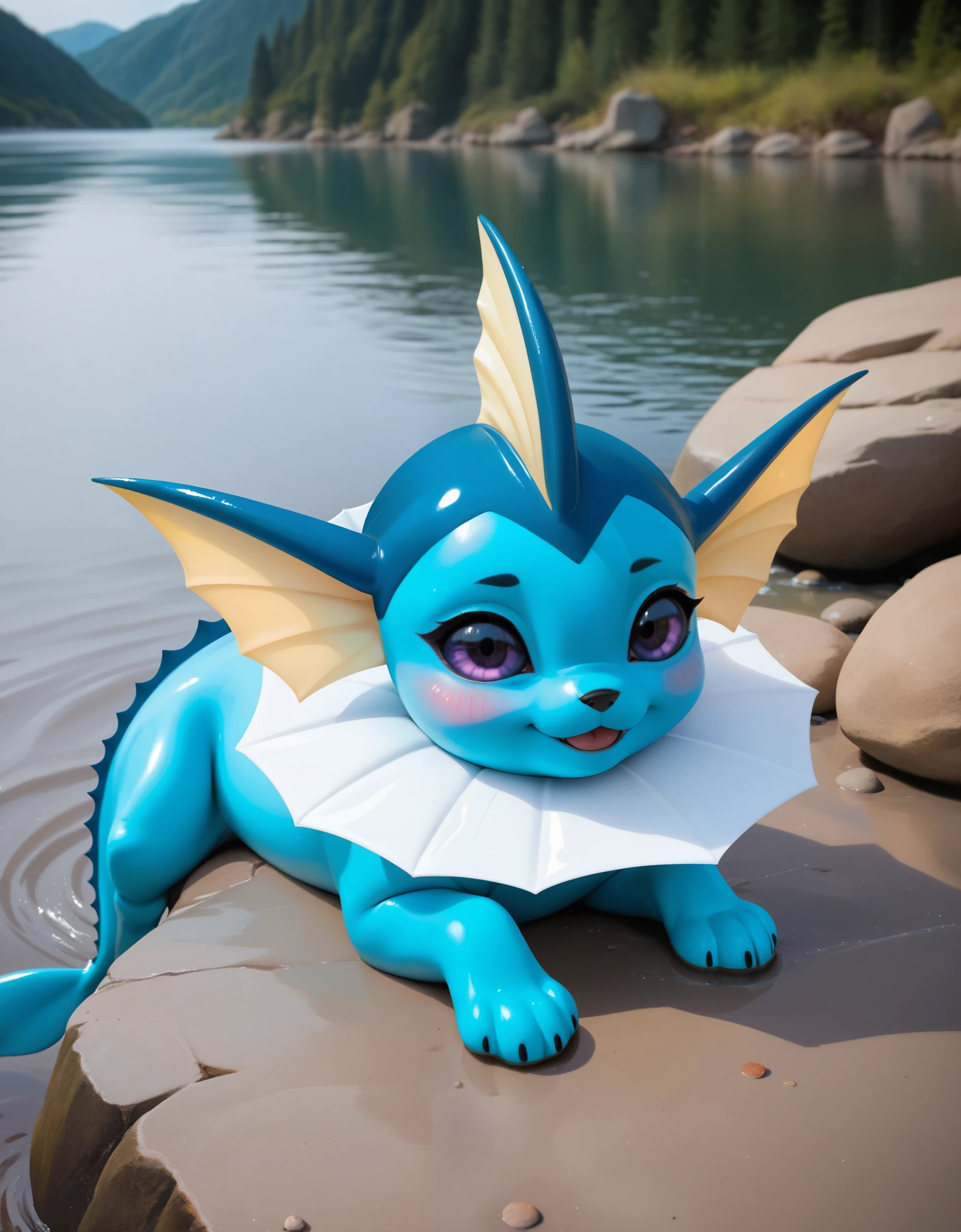 score_9, score_8_up, score_7_up, source_furry, rating_safe, realistic, photoreal, feral, a feral female vaporeon laying on her back in a shallow river, female, vaporeon, anatomically correct, blushing,